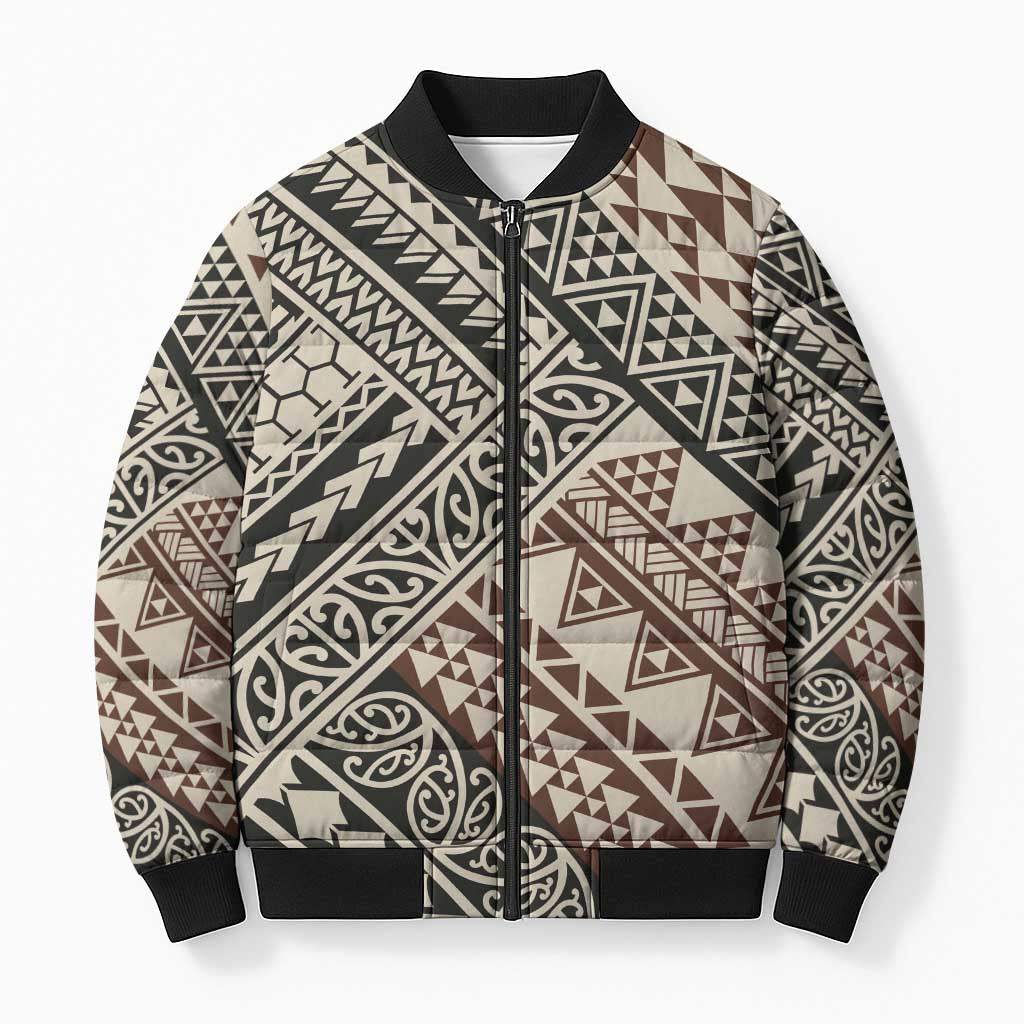 Niho Taniwha Kowhaiwhai Bomber Puffer Jacket LT9 Unisex Beige - Polynesian Pride