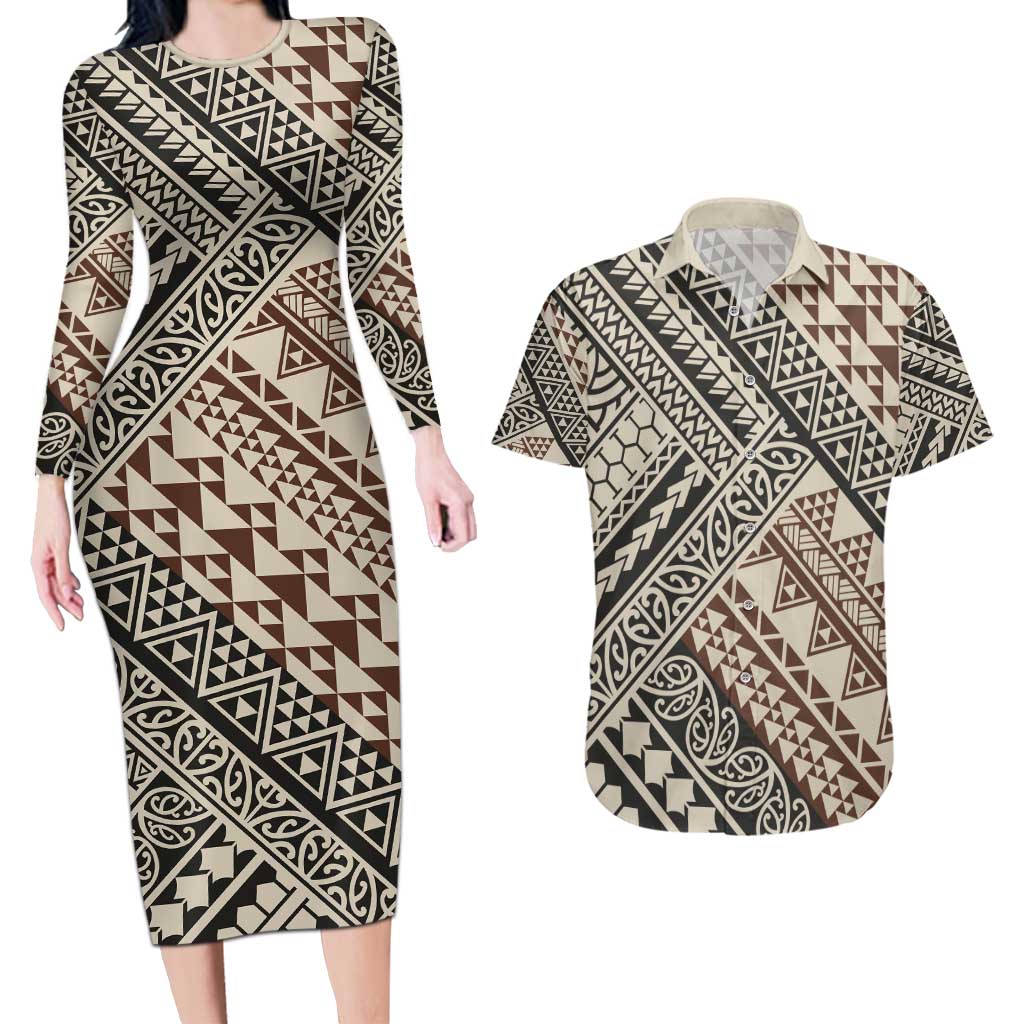 Niho Taniwha Kowhaiwhai Couples Matching Long Sleeve Bodycon Dress and Hawaiian Shirt LT9 Beige - Polynesian Pride