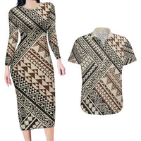 Niho Taniwha Kowhaiwhai Couples Matching Long Sleeve Bodycon Dress and Hawaiian Shirt LT9 Beige - Polynesian Pride