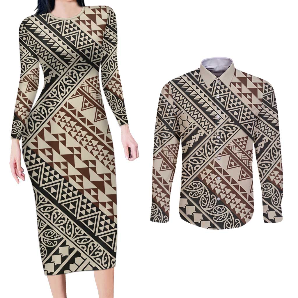 Niho Taniwha Kowhaiwhai Couples Matching Long Sleeve Bodycon Dress and Long Sleeve Button Shirt LT9 Beige - Polynesian Pride