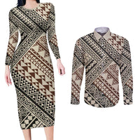 Niho Taniwha Kowhaiwhai Couples Matching Long Sleeve Bodycon Dress and Long Sleeve Button Shirt LT9 Beige - Polynesian Pride