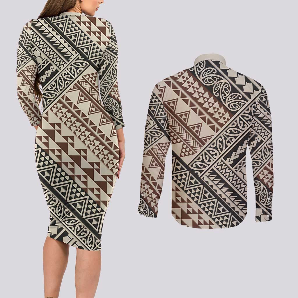 Niho Taniwha Kowhaiwhai Couples Matching Long Sleeve Bodycon Dress and Long Sleeve Button Shirt LT9 - Polynesian Pride