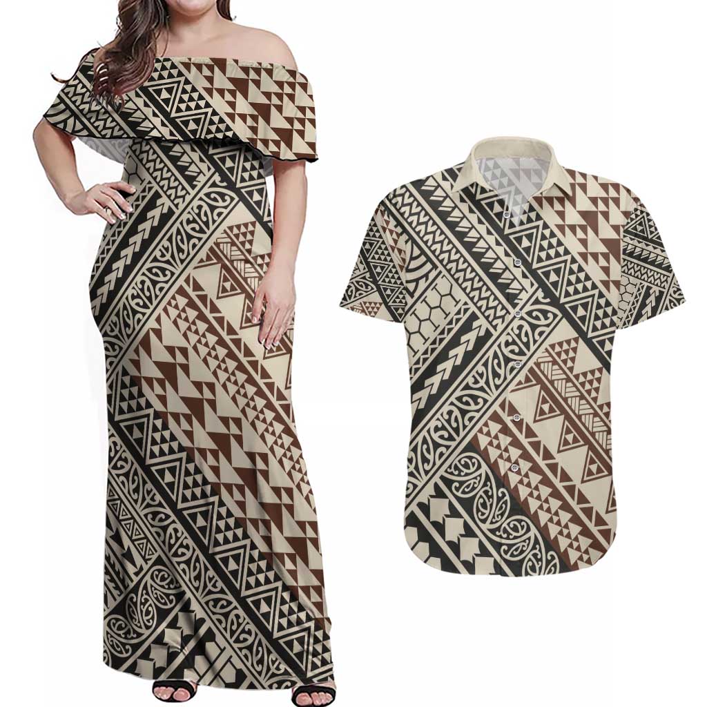 Niho Taniwha Kowhaiwhai Couples Matching Off Shoulder Maxi Dress and Hawaiian Shirt LT9 Beige - Polynesian Pride
