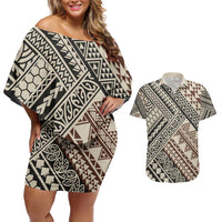 Niho Taniwha Kowhaiwhai Couples Matching Off Shoulder Short Dress and Hawaiian Shirt LT9 Beige - Polynesian Pride