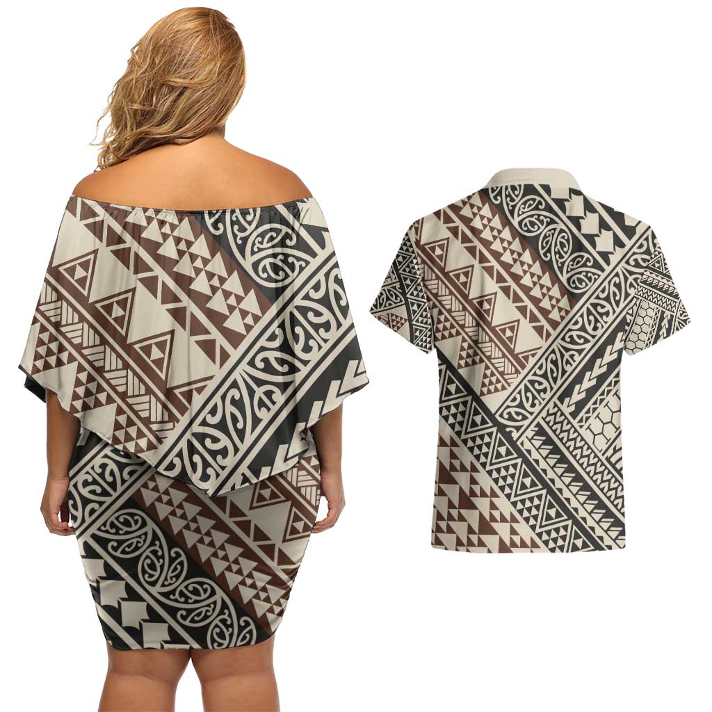 Niho Taniwha Kowhaiwhai Couples Matching Off Shoulder Short Dress and Hawaiian Shirt LT9 - Polynesian Pride