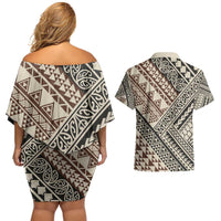 Niho Taniwha Kowhaiwhai Couples Matching Off Shoulder Short Dress and Hawaiian Shirt LT9 - Polynesian Pride