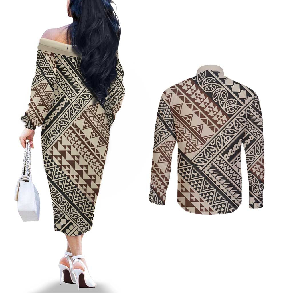 Niho Taniwha Kowhaiwhai Couples Matching Off The Shoulder Long Sleeve Dress and Long Sleeve Button Shirt LT9 - Polynesian Pride