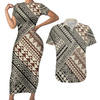 Niho Taniwha Kowhaiwhai Couples Matching Short Sleeve Bodycon Dress and Hawaiian Shirt LT9 Beige - Polynesian Pride