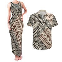 Niho Taniwha Kowhaiwhai Couples Matching Tank Maxi Dress and Hawaiian Shirt LT9 Beige - Polynesian Pride