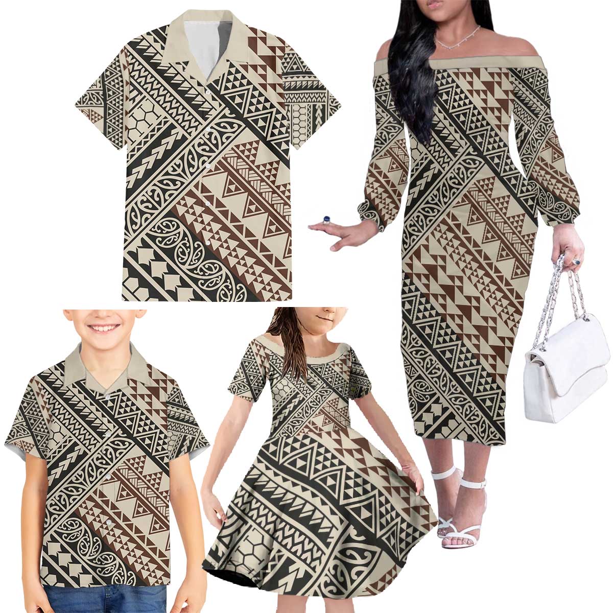 Niho Taniwha Kowhaiwhai Family Matching Off The Shoulder Long Sleeve Dress and Hawaiian Shirt