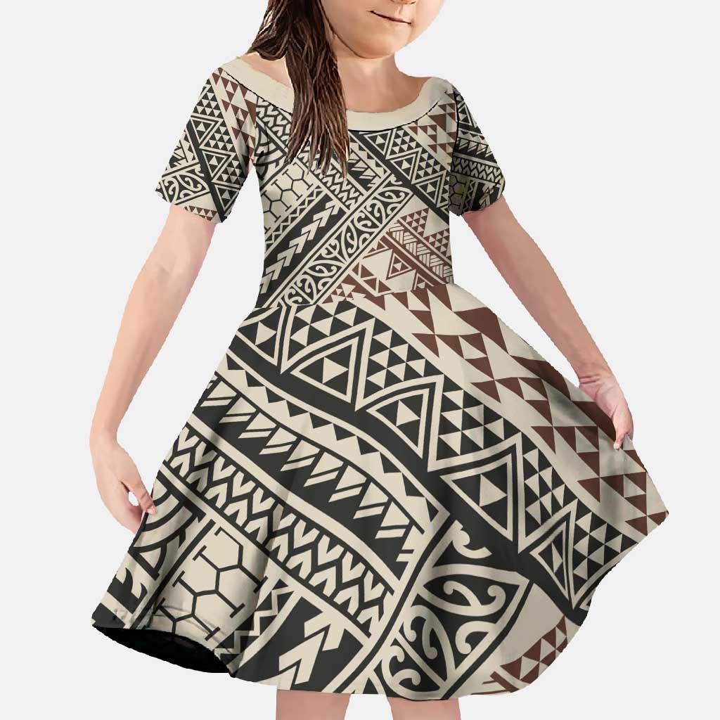 Niho Taniwha Kowhaiwhai Family Matching Summer Maxi Dress and Hawaiian Shirt LT9 Daughter's Dress Beige - Polynesian Pride
