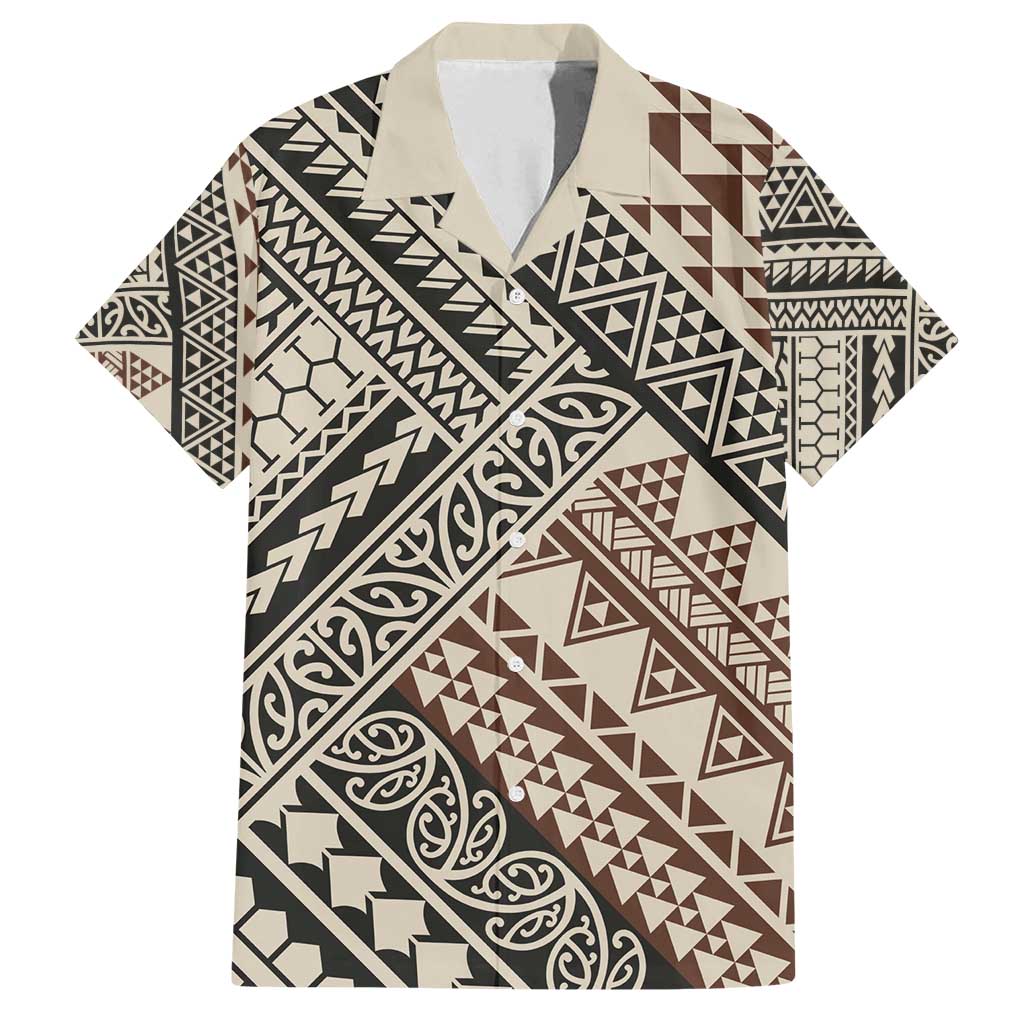 Niho Taniwha Kowhaiwhai Family Matching Summer Maxi Dress and Hawaiian Shirt LT9 Dad's Shirt - Short Sleeve Beige - Polynesian Pride