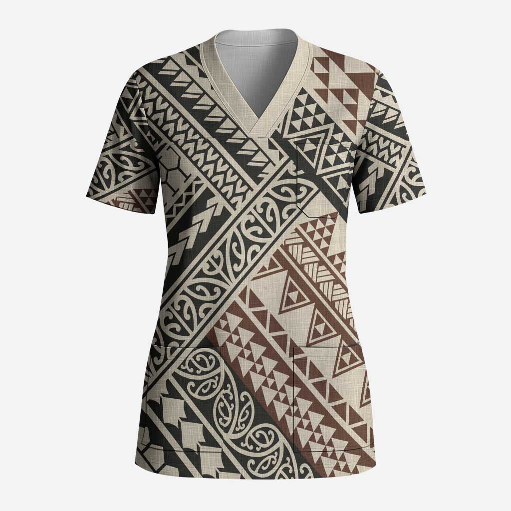 Niho Taniwha Kowhaiwhai Scrub Top LT9 Adult Beige - Polynesian Pride
