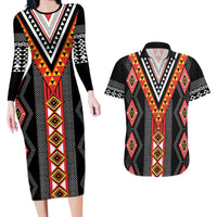 Niho Taniwha Taniko Motif Couples Matching Long Sleeve Bodycon Dress and Hawaiian Shirt LT9 Red - Polynesian Pride