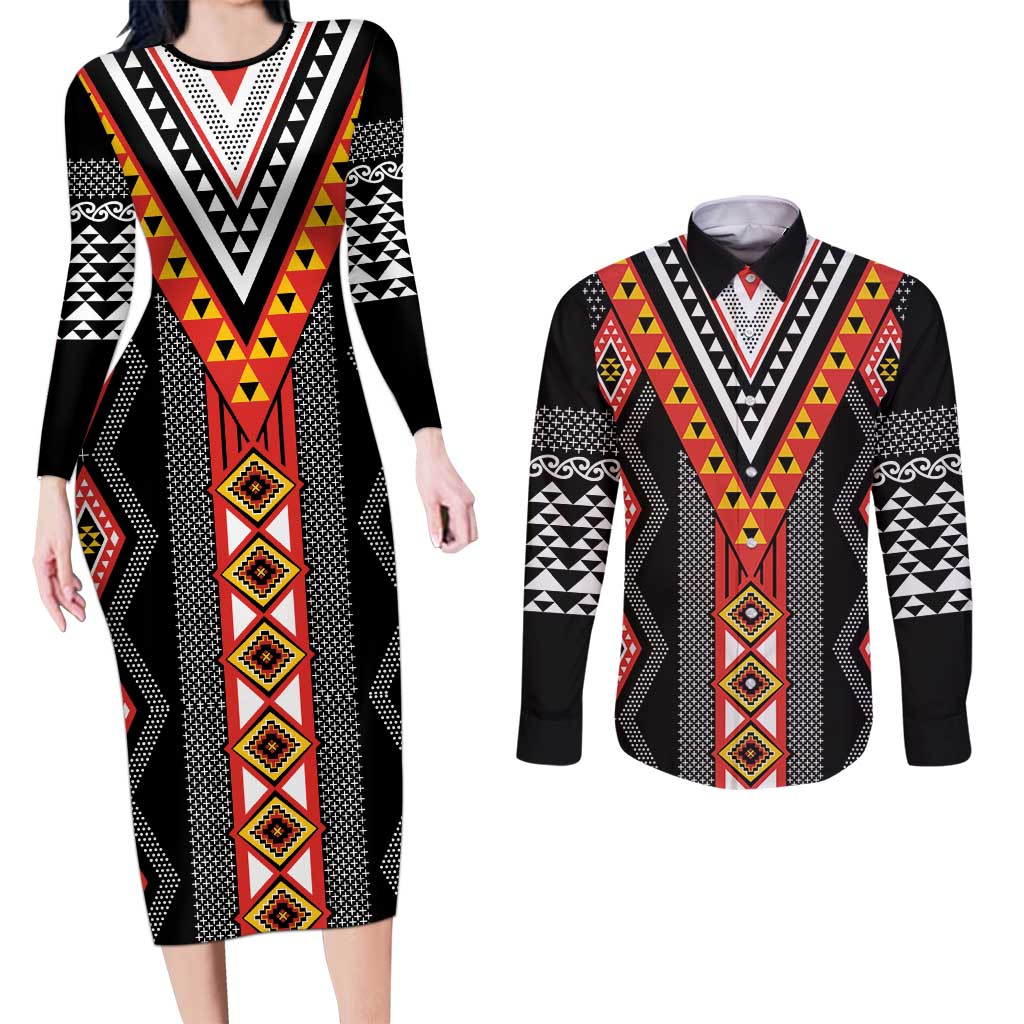Niho Taniwha Taniko Motif Couples Matching Long Sleeve Bodycon Dress and Long Sleeve Button Shirt LT9 Red - Polynesian Pride