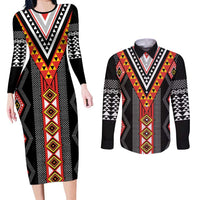 Niho Taniwha Taniko Motif Couples Matching Long Sleeve Bodycon Dress and Long Sleeve Button Shirt LT9 Red - Polynesian Pride
