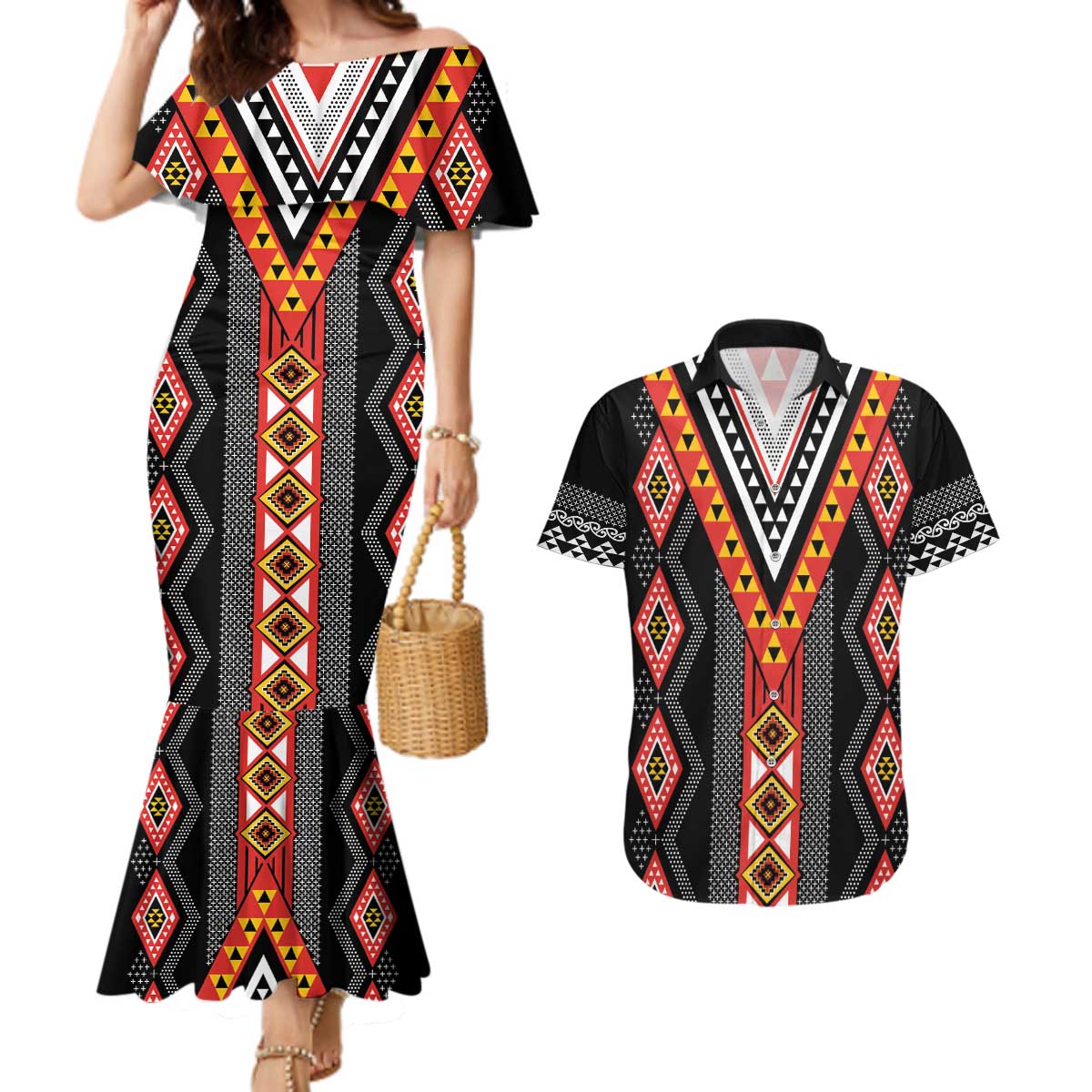 Niho Taniwha Taniko Motif Couples Matching Mermaid Dress and Hawaiian Shirt LT9 Red - Polynesian Pride