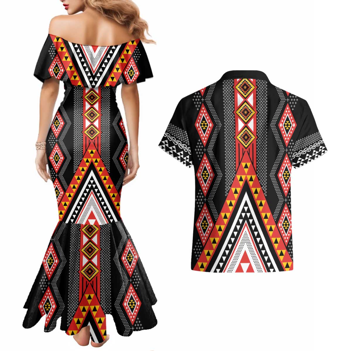 Niho Taniwha Taniko Motif Couples Matching Mermaid Dress and Hawaiian Shirt LT9 - Polynesian Pride