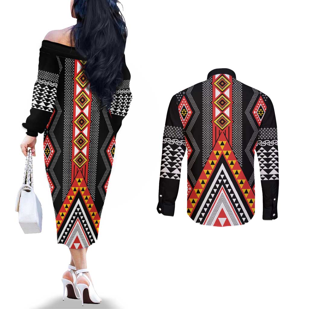Niho Taniwha Taniko Motif Couples Matching Off The Shoulder Long Sleeve Dress and Long Sleeve Button Shirt LT9 - Polynesian Pride