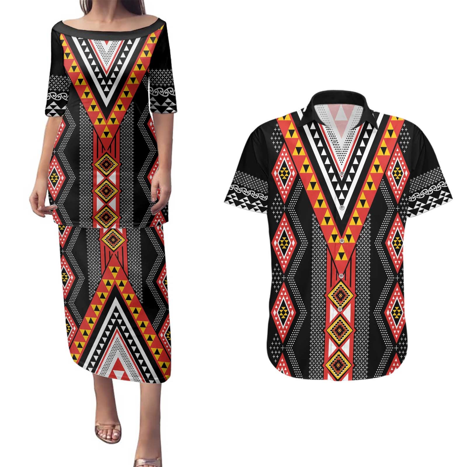 Niho Taniwha Taniko Motif Couples Matching Puletasi and Hawaiian Shirt LT9 Red - Polynesian Pride