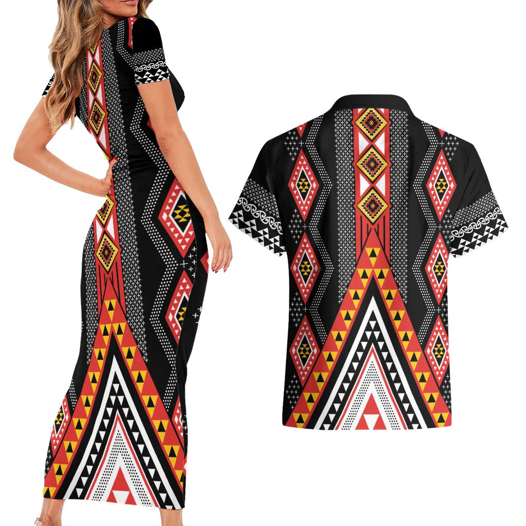 Niho Taniwha Taniko Motif Couples Matching Short Sleeve Bodycon Dress and Hawaiian Shirt LT9 - Polynesian Pride