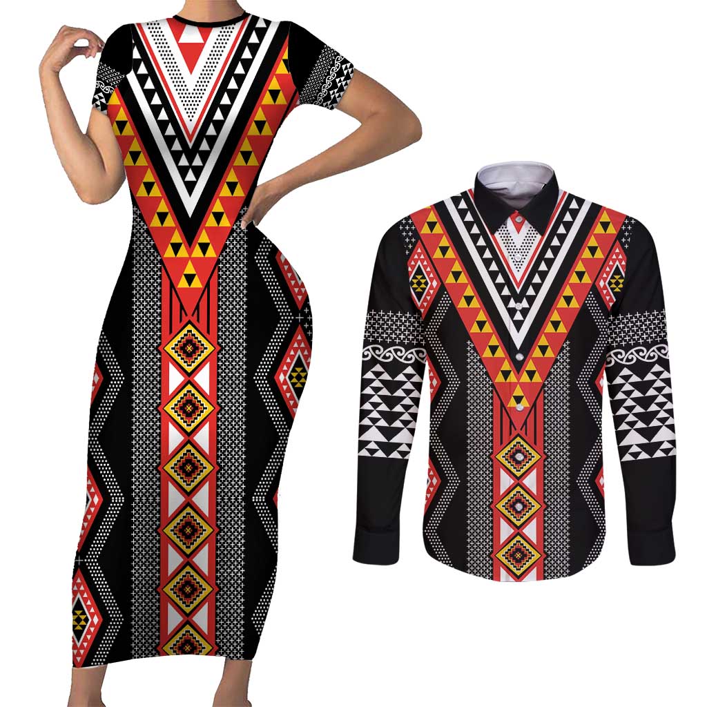 Niho Taniwha Taniko Motif Couples Matching Short Sleeve Bodycon Dress and Long Sleeve Button Shirt LT9 Red - Polynesian Pride