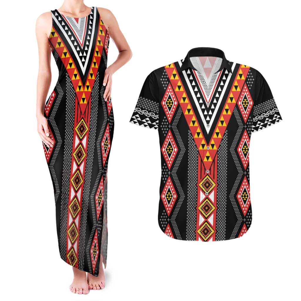 Niho Taniwha Taniko Motif Couples Matching Tank Maxi Dress and Hawaiian Shirt LT9 Red - Polynesian Pride