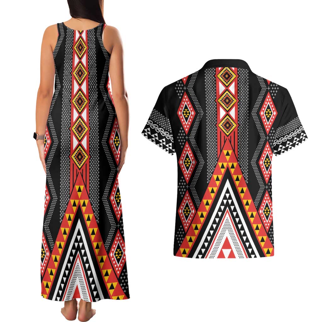 Niho Taniwha Taniko Motif Couples Matching Tank Maxi Dress and Hawaiian Shirt LT9 - Polynesian Pride