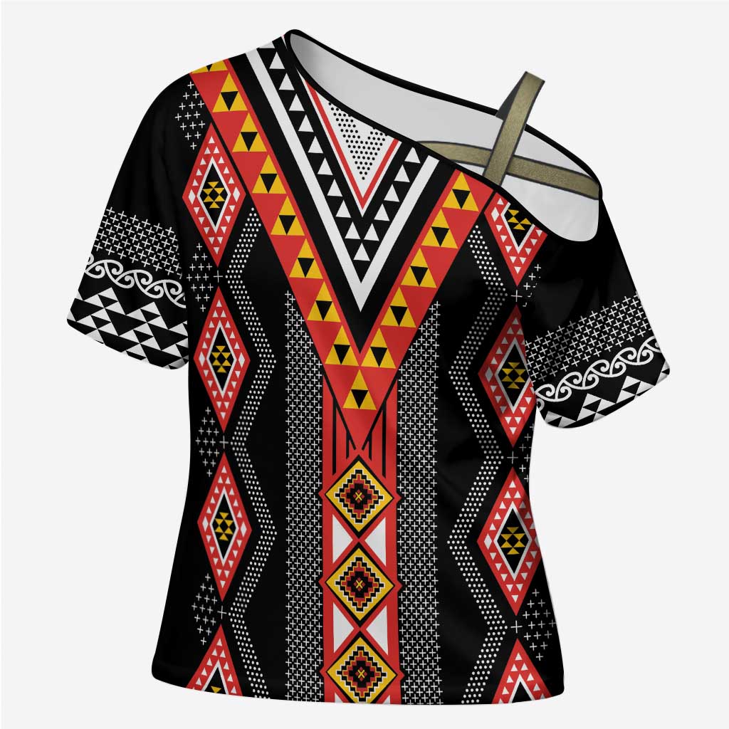 Niho Taniwha Taniko Motif Cross Shoulder Shirt LT9 Female Red - Polynesian Pride