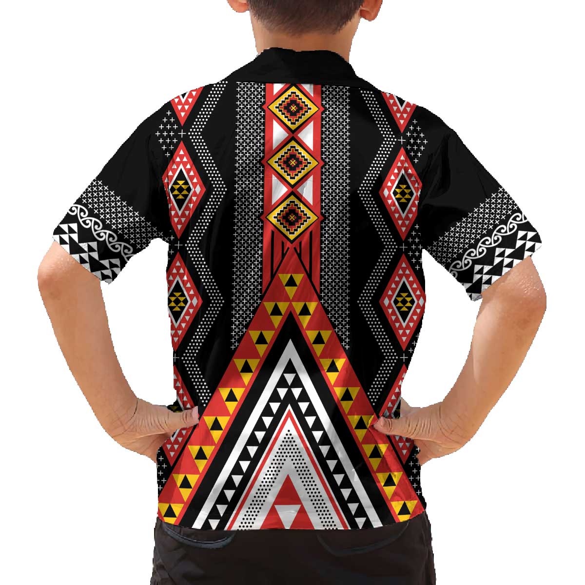 Niho Taniwha Taniko Motif Family Matching Off The Shoulder Long Sleeve Dress and Hawaiian Shirt