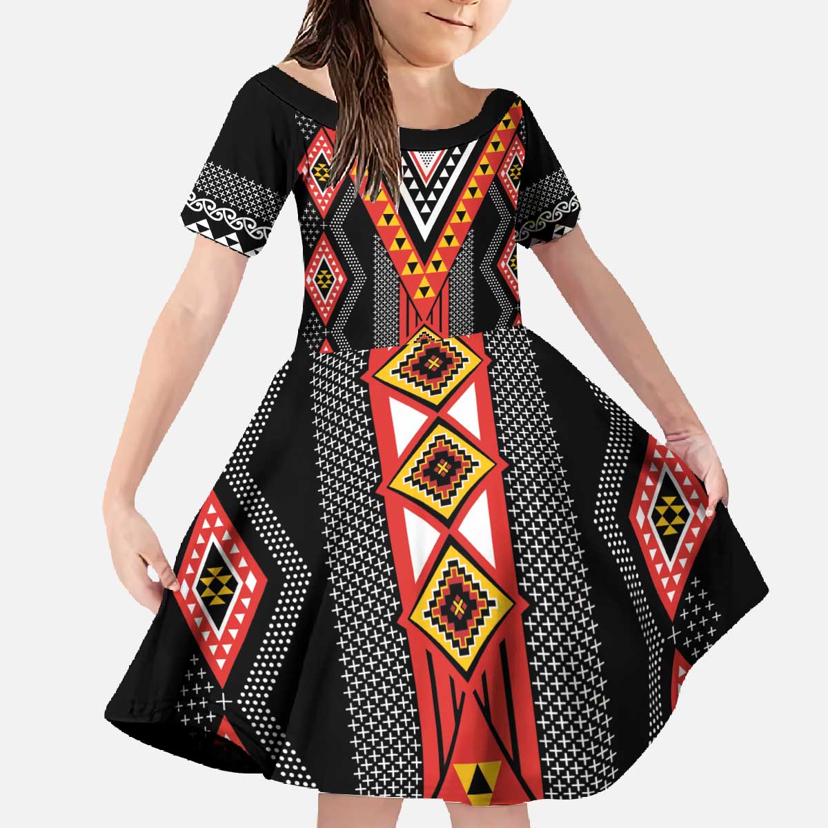 Niho Taniwha Taniko Motif Family Matching Off The Shoulder Long Sleeve Dress and Hawaiian Shirt