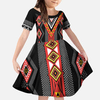 Niho Taniwha Taniko Motif Family Matching Off The Shoulder Long Sleeve Dress and Hawaiian Shirt