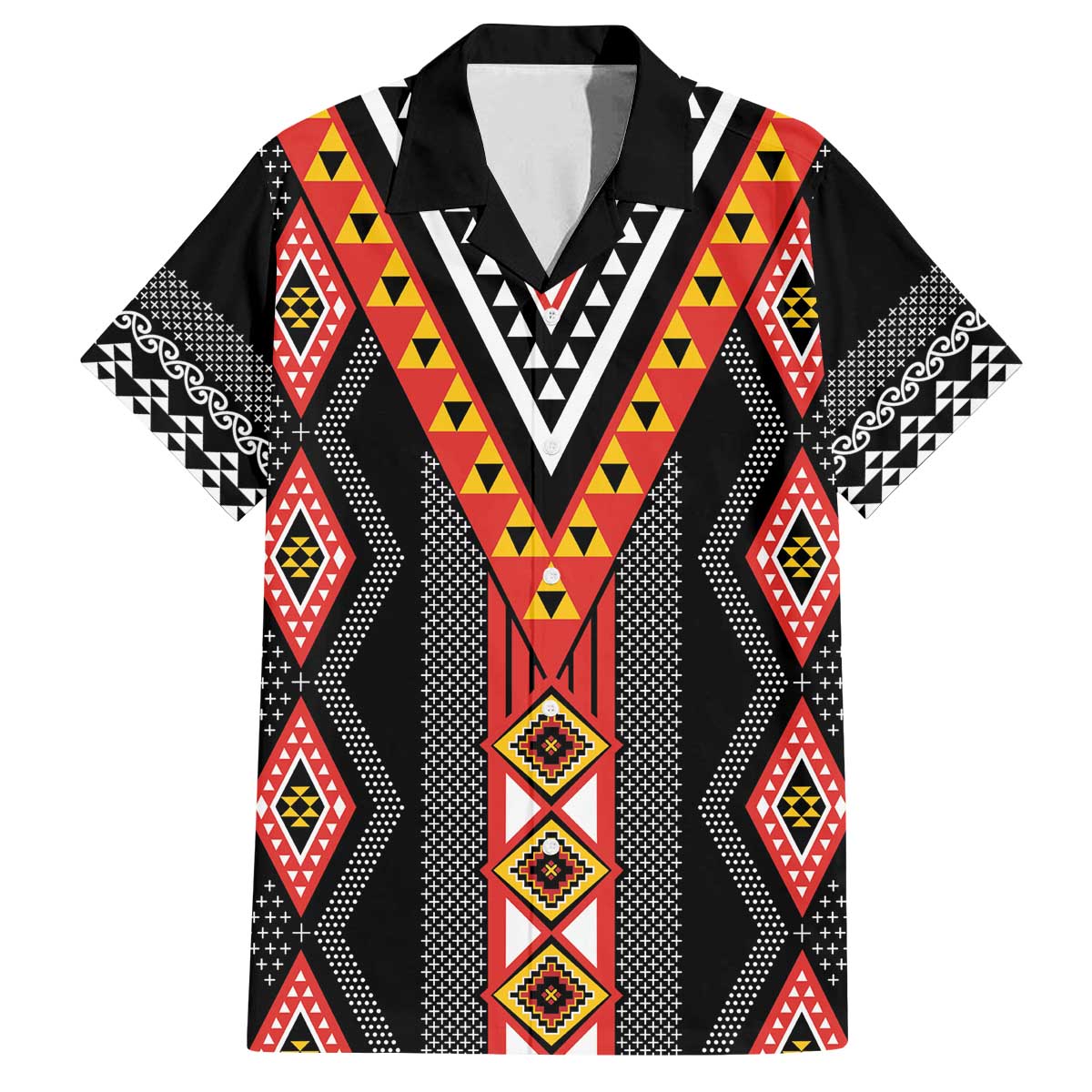 Niho Taniwha Taniko Motif Family Matching Off The Shoulder Long Sleeve Dress and Hawaiian Shirt