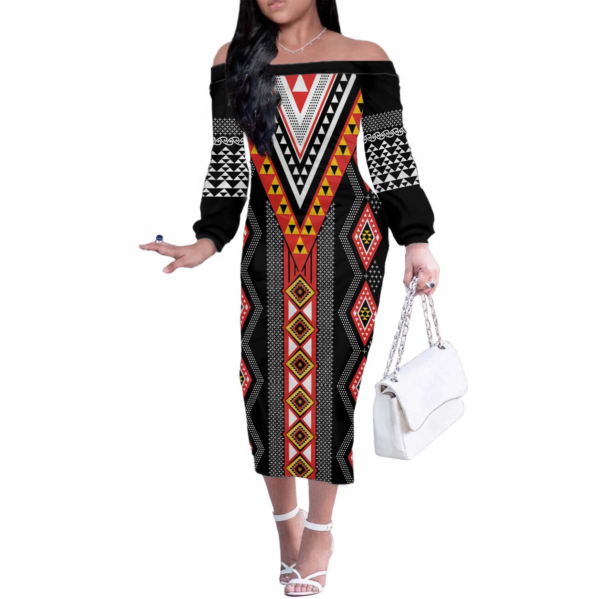 Niho Taniwha Taniko Motif Family Matching Off The Shoulder Long Sleeve Dress and Hawaiian Shirt