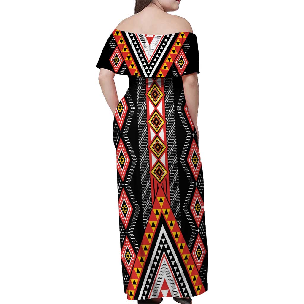 Niho Taniwha Taniko Motif Family Matching Off Shoulder Maxi Dress and Hawaiian Shirt