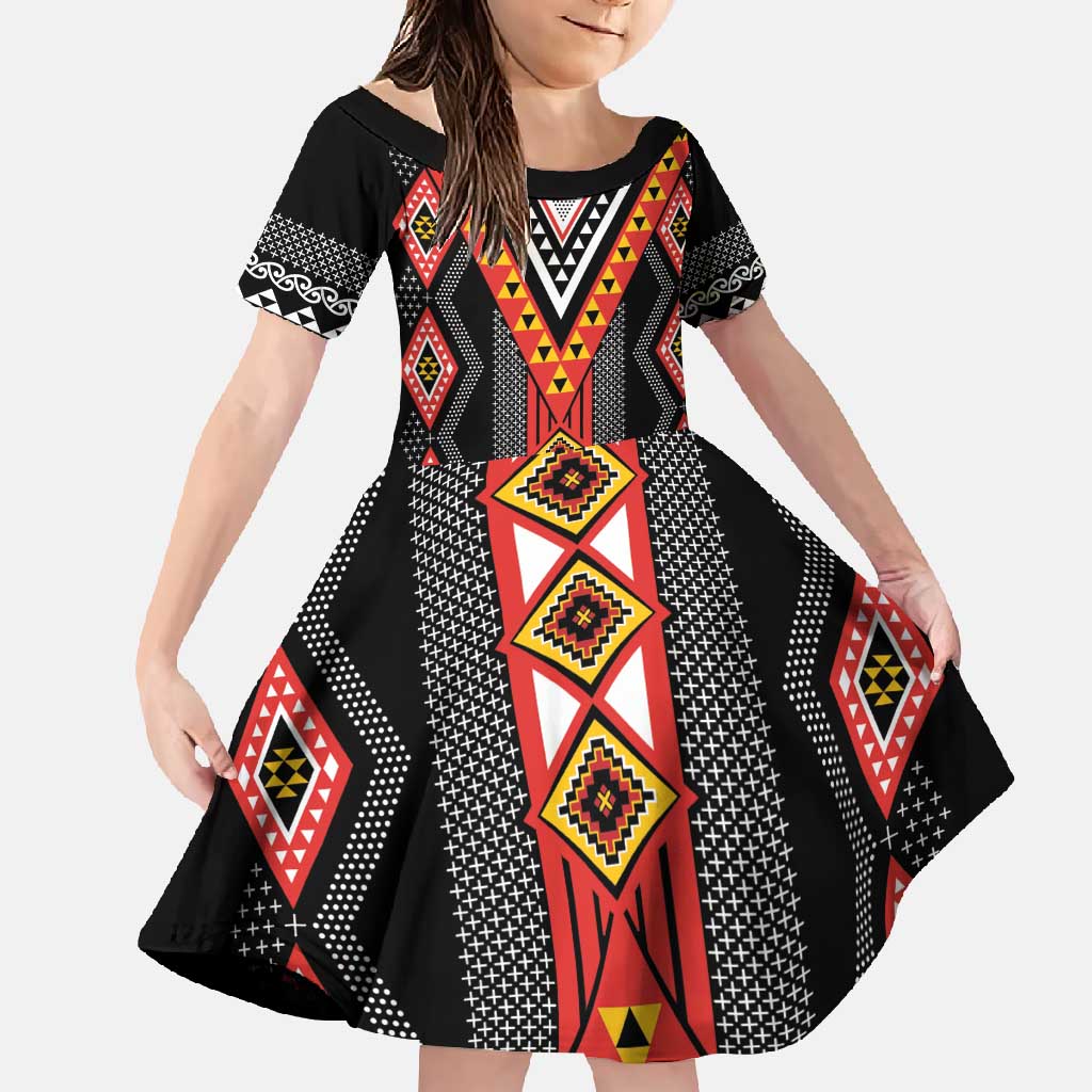 Niho Taniwha Taniko Motif Family Matching Summer Maxi Dress and Hawaiian Shirt LT9 Daughter's Dress Red - Polynesian Pride