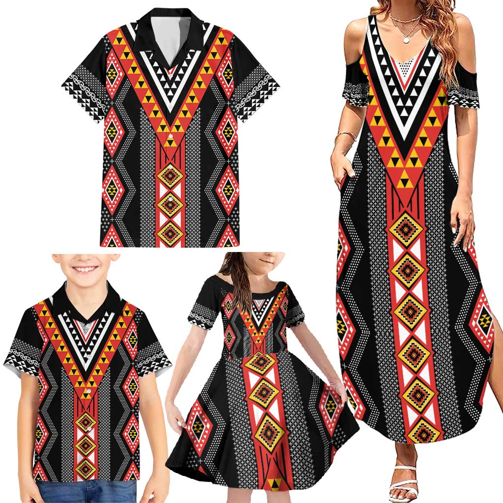 Niho Taniwha Taniko Motif Family Matching Summer Maxi Dress and Hawaiian Shirt LT9 - Polynesian Pride