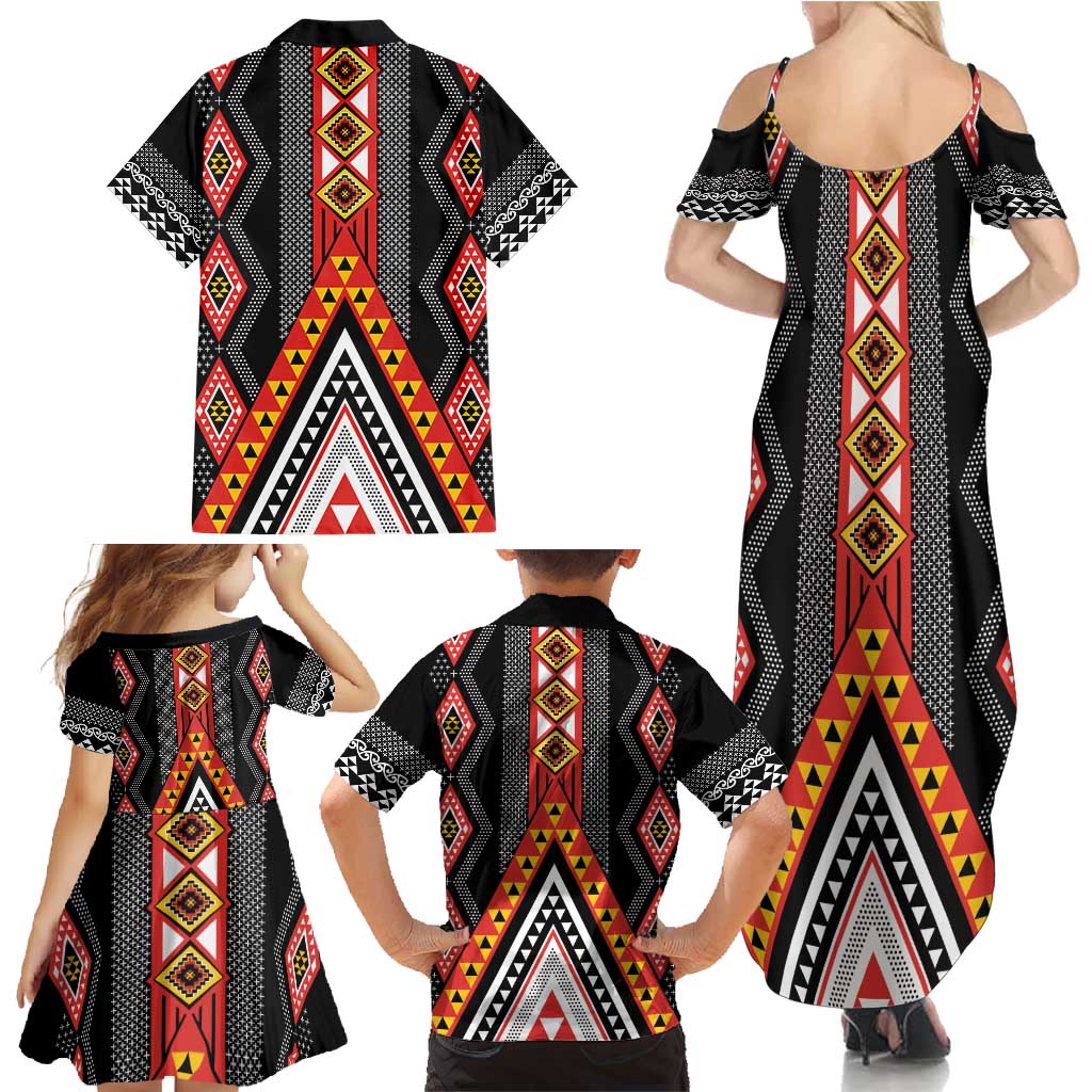 Niho Taniwha Taniko Motif Family Matching Summer Maxi Dress and Hawaiian Shirt LT9 - Polynesian Pride