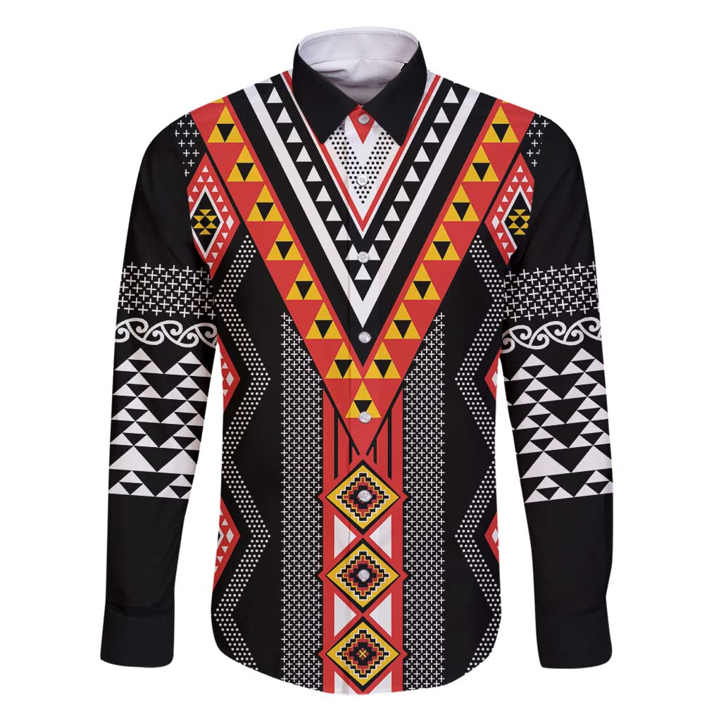 Niho Taniwha Taniko Motif Family Matching Summer Maxi Dress and Hawaiian Shirt LT9 Dad's Shirt - Long Sleeve Red - Polynesian Pride