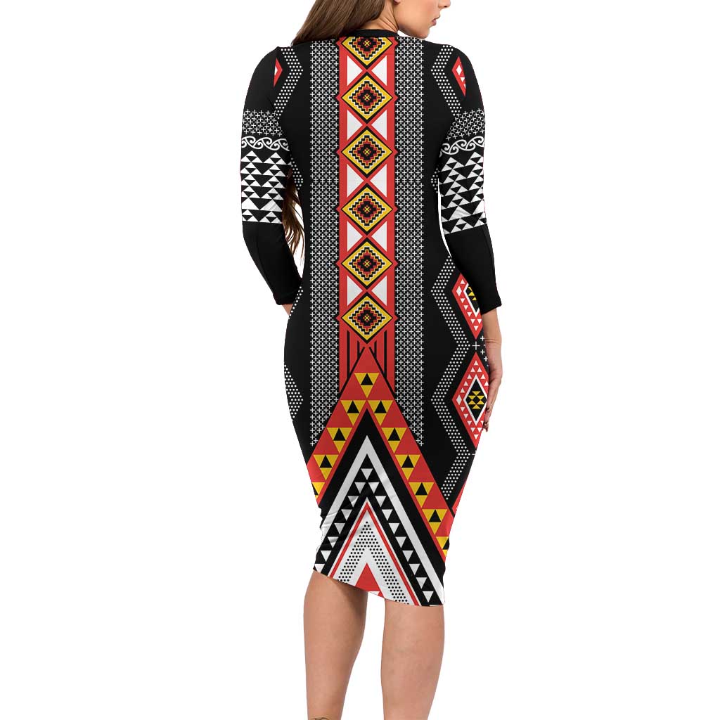 Niho Taniwha Taniko Motif Long Sleeve Bodycon Dress