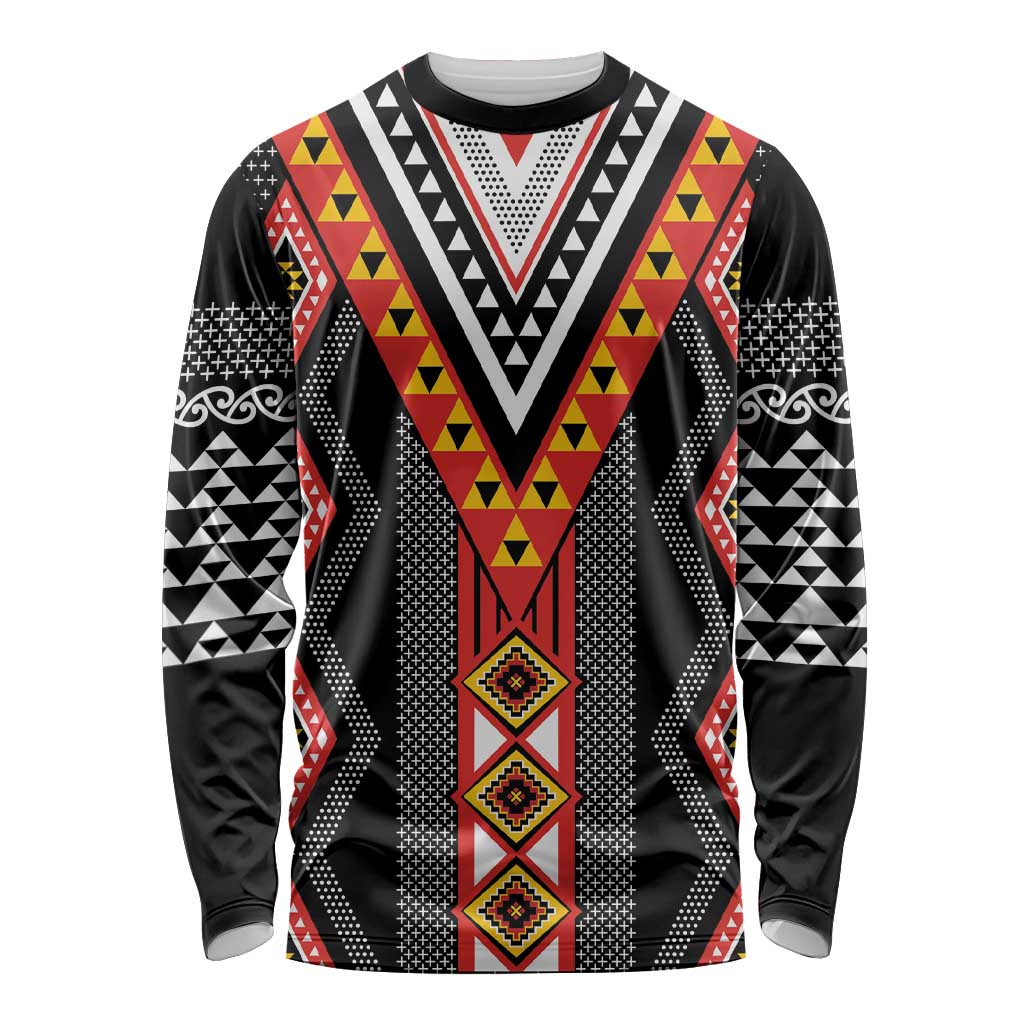 Niho Taniwha Taniko Motif Long Sleeve Shirt LT9 Unisex Red - Polynesian Pride