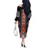 Niho Taniwha Taniko Motif Off The Shoulder Long Sleeve Dress