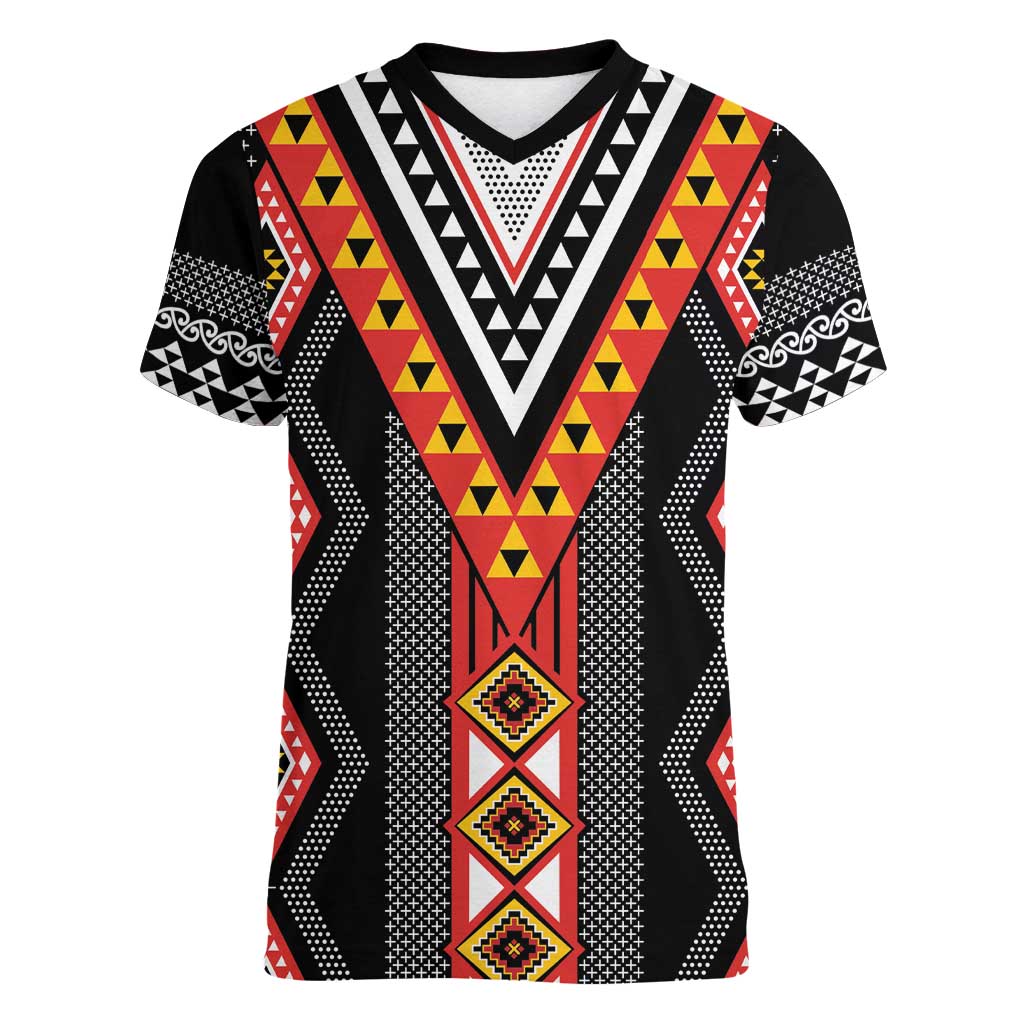 Niho Taniwha Taniko Motif Women V-Neck T-Shirt LT9 Female Red - Polynesian Pride