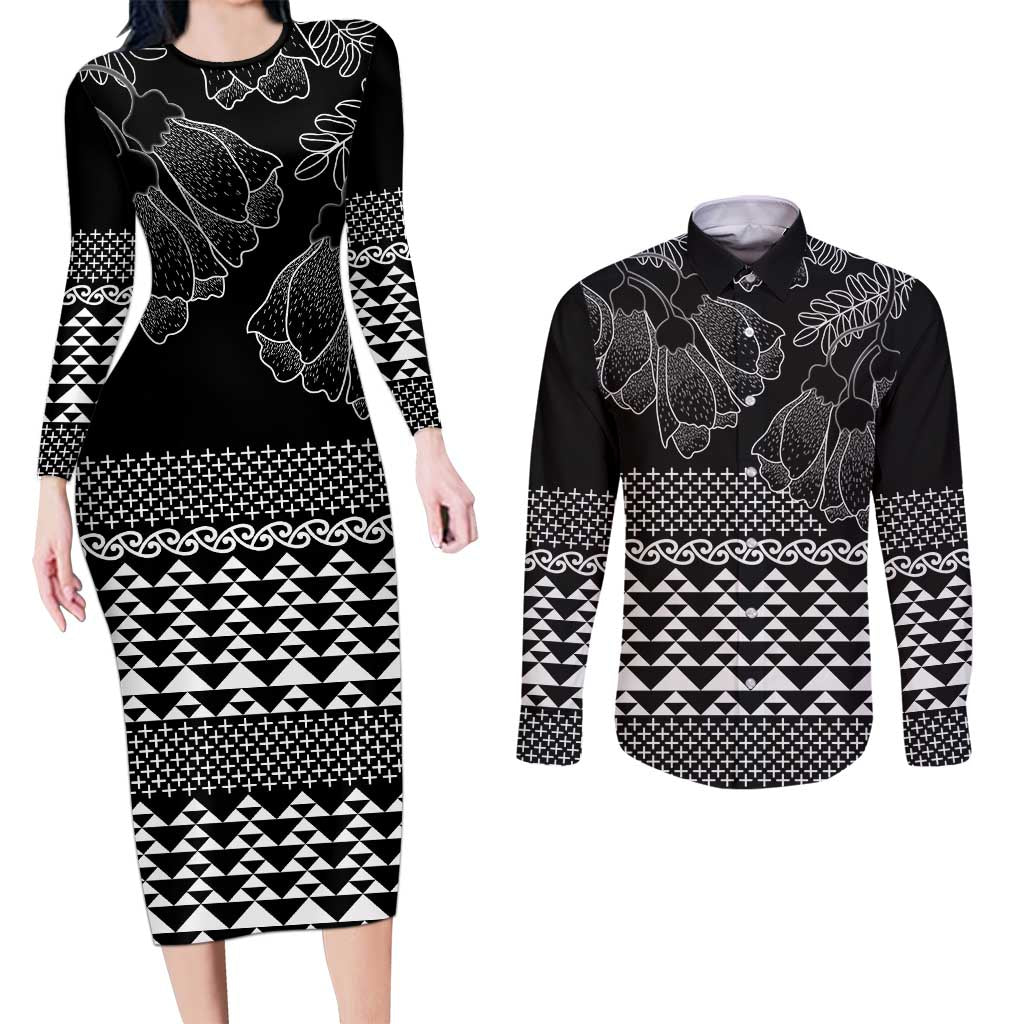 Black Taniko Kowhaiwhai Tukutuku Motif Couples Matching Long Sleeve Bodycon Dress and Long Sleeve Button Shirt LT9 Black - Polynesian Pride