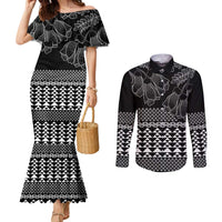 Black Taniko Kowhaiwhai Tukutuku Motif Couples Matching Mermaid Dress and Long Sleeve Button Shirt LT9 Black - Polynesian Pride