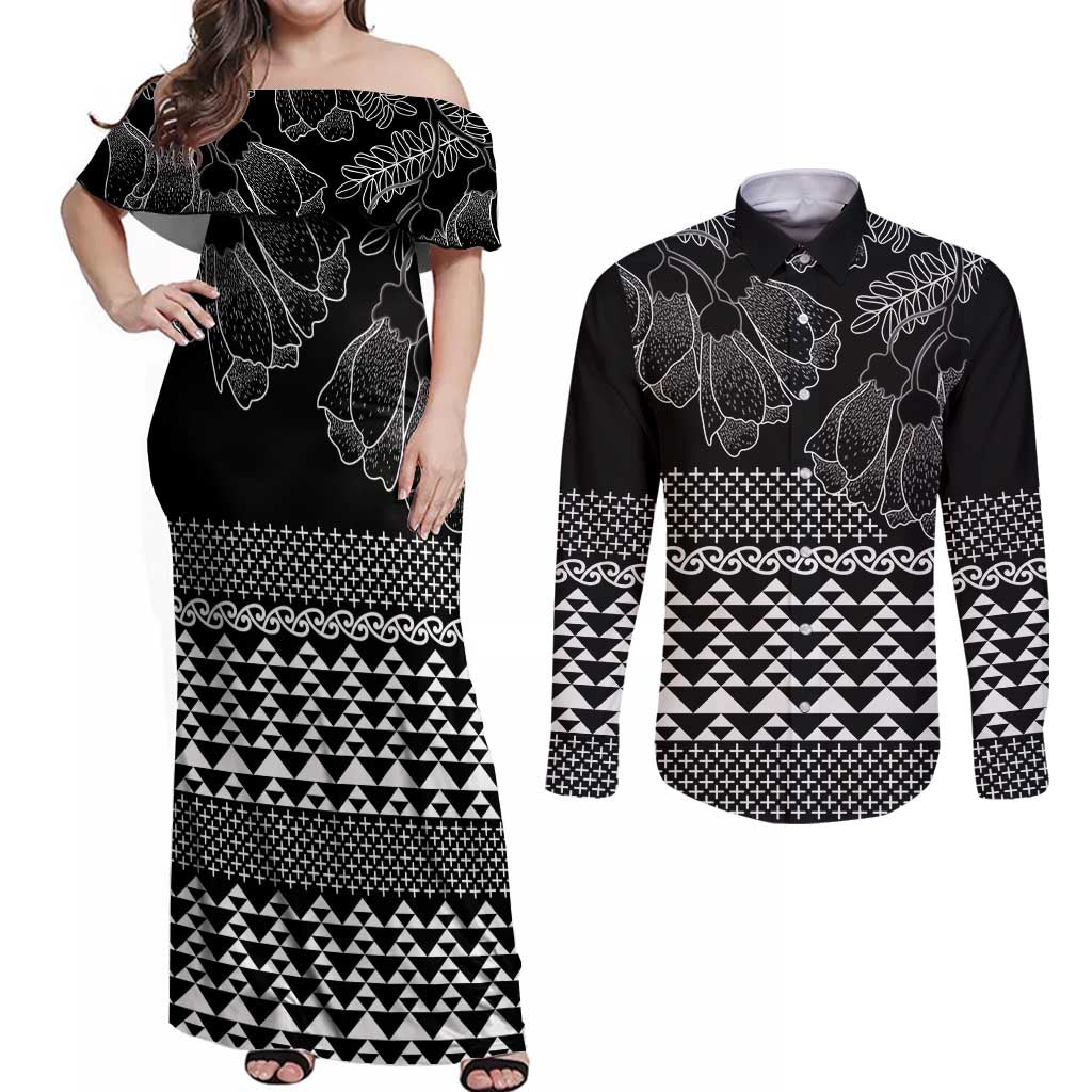 Black Taniko Kowhaiwhai Tukutuku Motif Couples Matching Off Shoulder Maxi Dress and Long Sleeve Button Shirt LT9 Black - Polynesian Pride