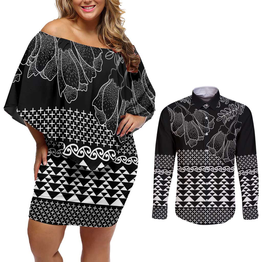 Black Taniko Kowhaiwhai Tukutuku Motif Couples Matching Off Shoulder Short Dress and Long Sleeve Button Shirt LT9 Black - Polynesian Pride
