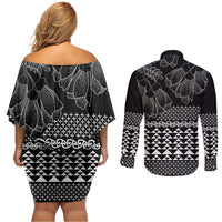 Black Taniko Kowhaiwhai Tukutuku Motif Couples Matching Off Shoulder Short Dress and Long Sleeve Button Shirt LT9 - Polynesian Pride