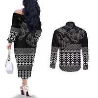 Black Taniko Kowhaiwhai Tukutuku Motif Couples Matching Off The Shoulder Long Sleeve Dress and Long Sleeve Button Shirt