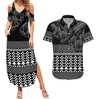 Black Taniko Kowhaiwhai Tukutuku Motif Couples Matching Summer Maxi Dress and Hawaiian Shirt LT9 Black - Polynesian Pride